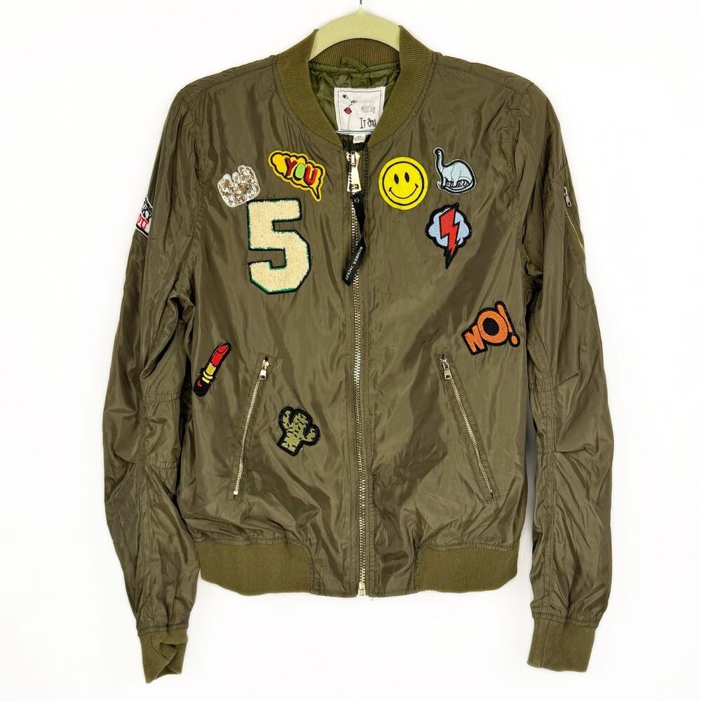 It Girl Safari Green Patches Long Sleeve Zip Lightweight Bomber Jacket‎ Medium